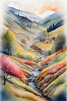 Watercolor painting of a spring landscape with river and hills