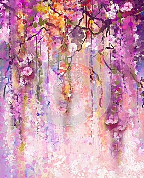 Watercolor painting. Spring purple flowers Wisteria