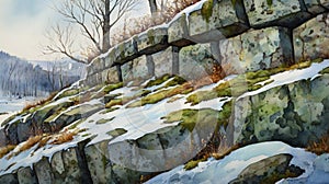 Watercolor painting: A stone wall, with patches of hardy lichen and moss clinging to its surface, adding life and color to the photo