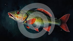 Watercolor painting: A stoplight loosejaw revealing its bioluminescent red chin barbel, its unique adaptation enabling it to hunt photo