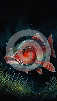 Watercolor painting: A stoplight loosejaw revealing its bioluminescent red chin barbel, its unique adaptation enabling it to hunt photo