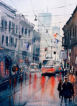 Watercolor Painting - Street View of Paris