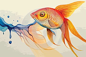 watercolor painting style illustration of cute cute goldfish and various fish swimming underwater in fish tank, generative Ai