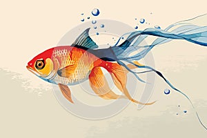 watercolor painting style illustration of cute cute goldfish and various fish swimming underwater in fish tank, generative Ai