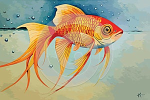 watercolor painting style illustration of cute cute goldfish and various fish swimming underwater in fish tank, generative Ai