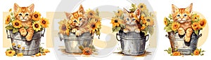 Watercolor painting style of orange kitten and flowers in water bucket, Vector Illustration