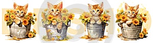 Watercolor painting style of orange kitten and flowers in water bucket, Vector Illustration
