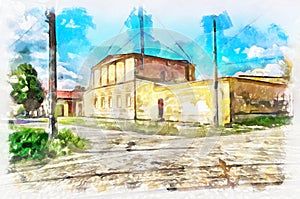 Watercolor painting - suburban landscape with big house. Modern digital art, imitation of hand painted with aquarells dye