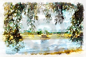 Watercolor painting - suburban landscape in bright sunny day. Modern digital art, imitation of hand painted with aquarells dye