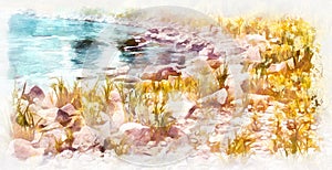 Watercolor painting - suburban landscape in bright sunny day. Modern digital art, imitation of hand painted with aquarells dye