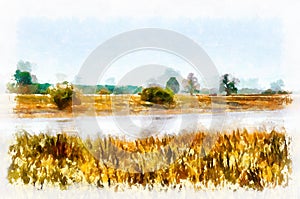 Watercolor painting - suburban landscape in bright sunny day. Modern digital art, imitation of hand painted with aquarells dye