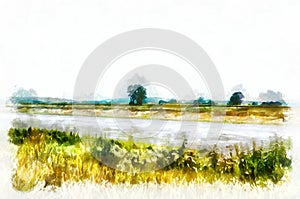 Watercolor painting - suburban landscape in bright sunny day. Modern digital art, imitation of hand painted with aquarells dye