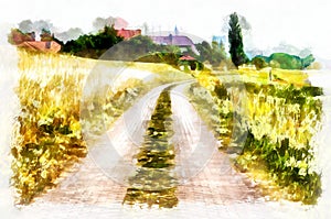 Watercolor painting - suburban landscape in bright sunny day. Modern digital art, imitation of hand painted with aquarells dye