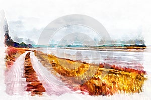 Watercolor painting - suburban landscape in bright sunny day. Modern digital art, imitation of hand painted with aquarells dye