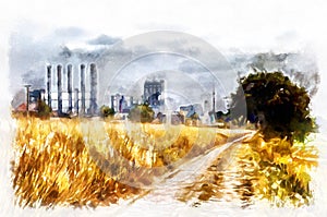 Watercolor painting - suburban landscape in bright sunny day. Modern digital art, imitation of hand painted with aquarells dye