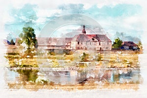 Watercolor painting - suburban landscape with river. Modern digital art, imitation of hand painted with aquarells dye