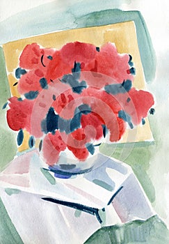 Watercolor painting summer red flowers