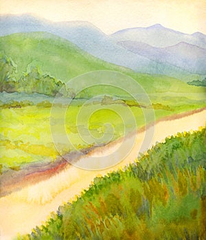 Watercolor painting. Summer river landscape