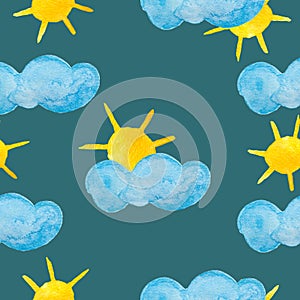 Watercolor painting with sun and blue clouds - seamless pattern on sea green background