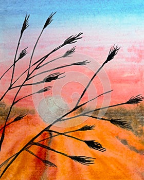 watercolor painting of sunset in the reeds and meadow. Meadow with plants. Hand painted scene