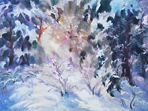 Watercolor painting of sunset in snowy forest. winter landscape painting with pine trees, snow field, sunlight through