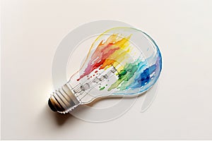 Watercolor painting with surreal Lightbulb 3D and flat lay combination on white background. Optical illusions, space distortion.