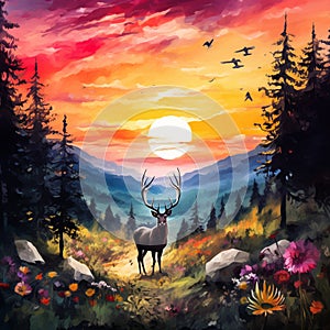 Akvarel maľovanie z neskutočný západ slnka scéna v živý prírodné 