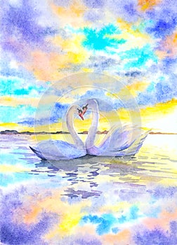 Watercolor Painting - Swans with Heart Shape