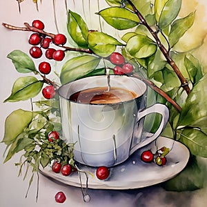Watercolor painting texture painting still life, red cup of coffee on a background of green branches and red berries, drink.