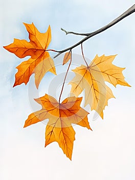 Watercolor painting of three autumn leaves on a branch symbolizing change nature beauty tranquility and seasonality photo