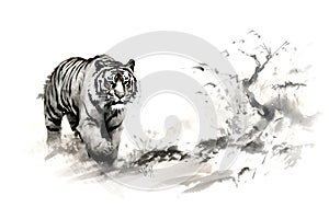 Watercolor painting of tiger is walking on a white background. Wildlife Animals.