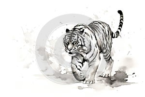 Watercolor painting of tiger is walking on a white background. Wildlife Animals.