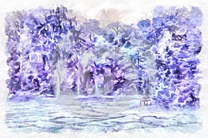 Watercolor painting - toned park landscape. Modern digital art, imitation of hand painted with aquarells dye