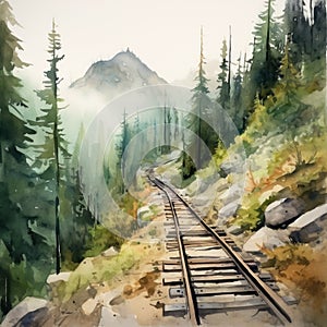 Watercolor Painting Of Train Tracks Through Pine Forest photo