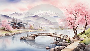 Watercolor painting: A tranquil, Asian-inspired landscape, featuring a misty mountain range, a gently flowing river,