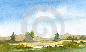 Watercolor painting tranquil landscape with hills, firs, blue sky  with clouds, green grass