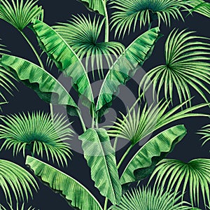 Watercolor painting tree ,banana,palm leaves seamless pattern on dark background.Watercolor hand drawn illustration tropical exoti