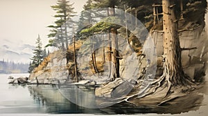 Watercolor Painting Of Trees By A Lake: A Sublime Wilderness