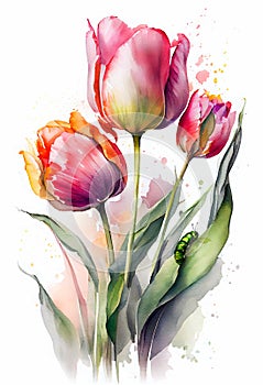 Watercolor painting of tulip flower and caterpillar. white background