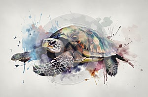 Watercolor Painting Of Turtle With Paint Splashes On A White Background