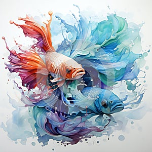 Watercolor painting of two goldfish in watercolor splash.