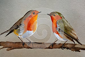 watercolor painting of two robins