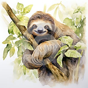 Watercolor painting of two-toed sloth hanging on branch Generative AI Generative AI