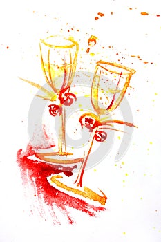 Watercolor painting of two wineglasses