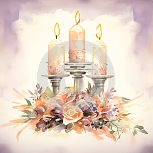Watercolor painting of a unity candle ceremony during a wedding