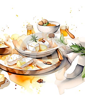 Watercolor painting of various cheeses, a knife, and herbs on a wooden board. The art is detailed, vibrant, and appetizing