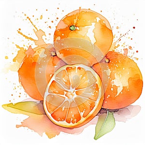 Watercolor painting of vibrant, juicy oranges with one sliced, revealing its interior. Splashes of paint create a lively backdrop