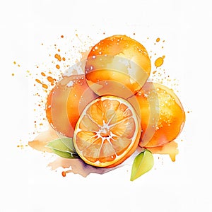 Watercolor painting of vibrant, juicy oranges with one sliced, revealing its interior. Splashes of paint create a lively backdrop