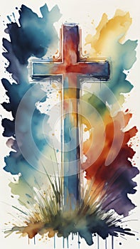 A watercolor painting of a vibrantly colored Cristian cross