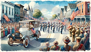 A watercolor painting of a vintage coupe as it takes part in a independence day parade. Concept 4th of July